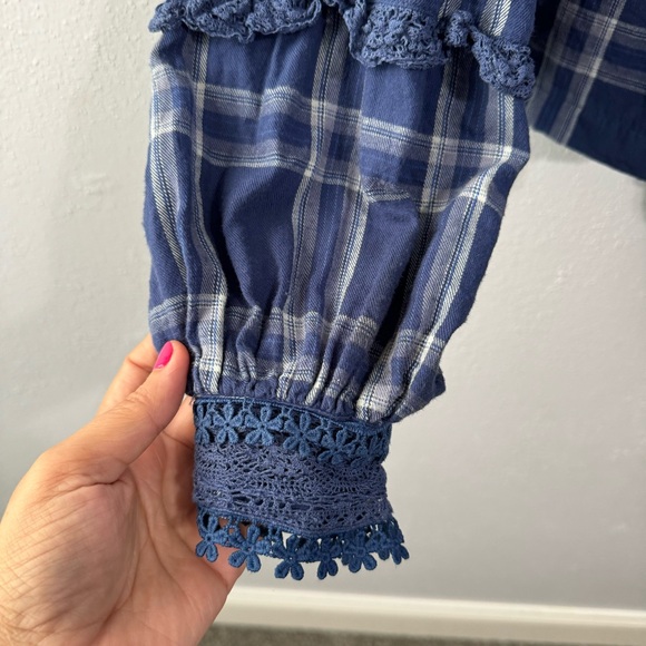 Free People blue plaid lace boho blouse size small - Picture 5 of 7